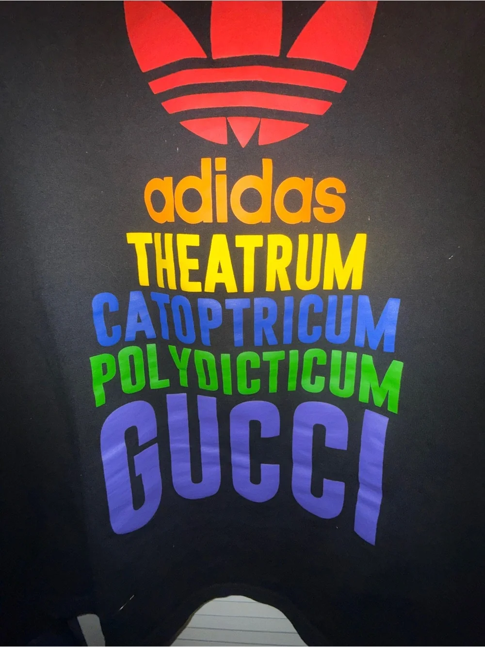 Gucci Black Tee with Red Trefoil Logo and Yellow Neck Label